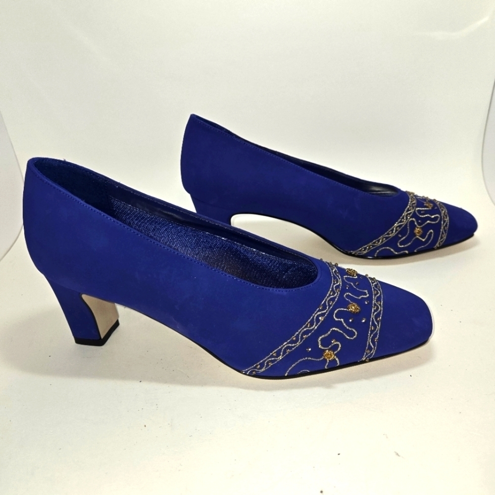 Amanda Vintage Women's Shoe Pump 8.5 Blue Suede Gold Trim Excellent Condition - Picture 3 of 6